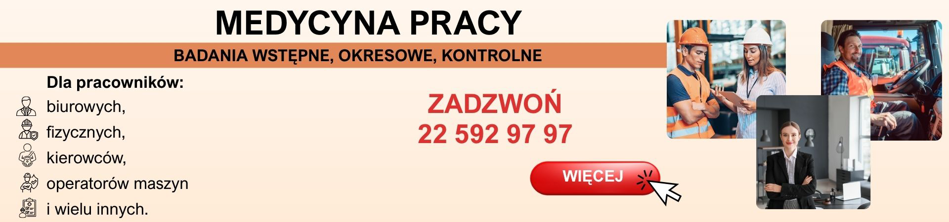 Slajd promujący poradnie medycyny pracy w SZPZLO Warszawa-Ochota. Zakres badań obejmuje badania wstępne, okresowe i kontrolne dla pracowników biurowych, fizycznych, kierowców, operatorów maszyn i wielu innych. Podano numer telefonu do kontaktu: 22 592 97 